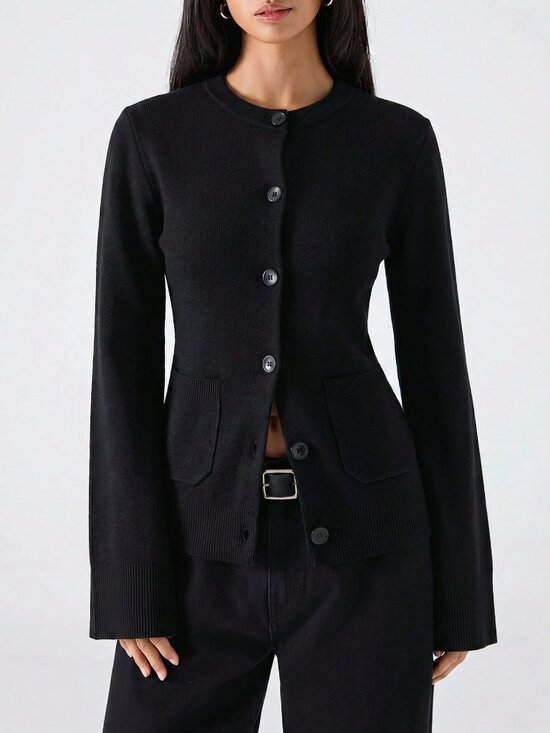 Sweaters - Black Casual Women's Slim Fit Office Minimalist Pocket Button Cardigan